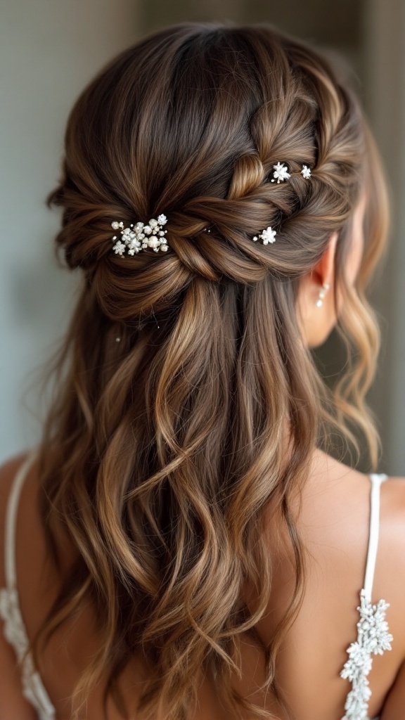 Half-up half-down hairstyle with braids and floral accessories