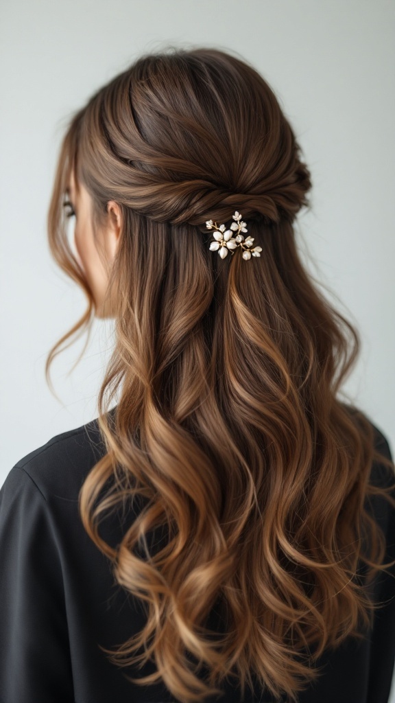 A woman with long, wavy hair styled in a half-up half-down twist, adorned with a floral hair accessory.