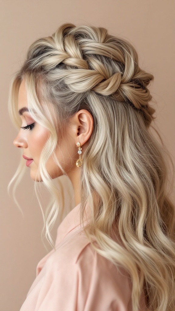 A woman with blonde hair styled in a half-up half-down twist, showcasing waves and a fashionable look.