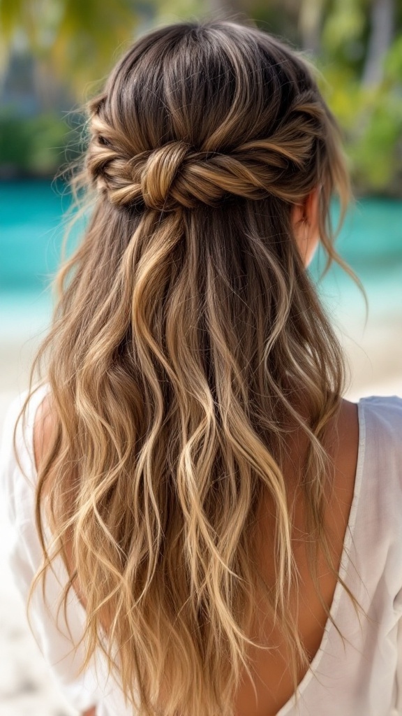 Half-up, half-down twist hairstyle with wavy hair, perfect for the beach.