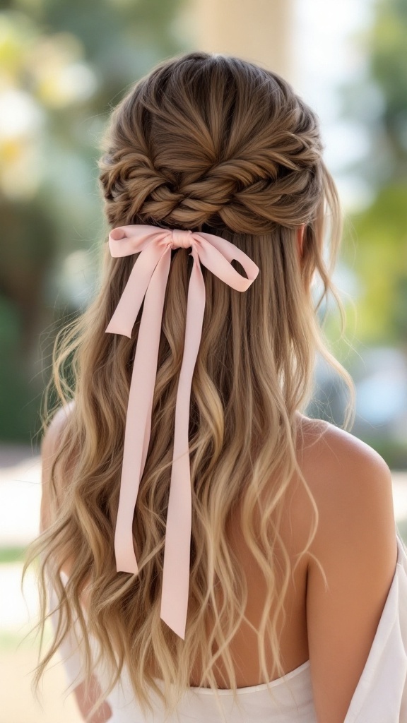 A beautiful half-up half-down twist hairstyle adorned with a pink ribbon.