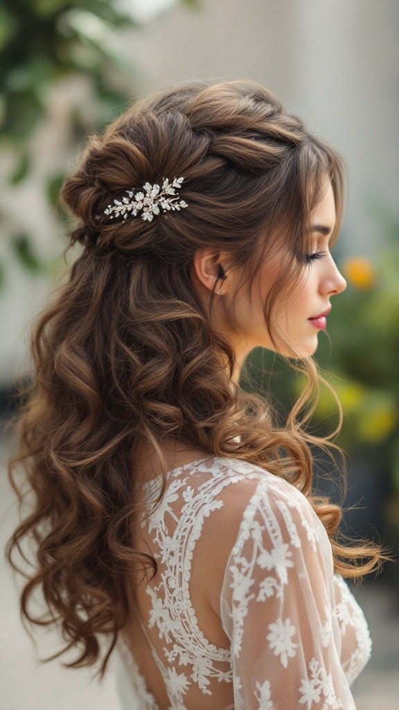 Half-up half-down hairstyle with voluminous curls and a hair accessory