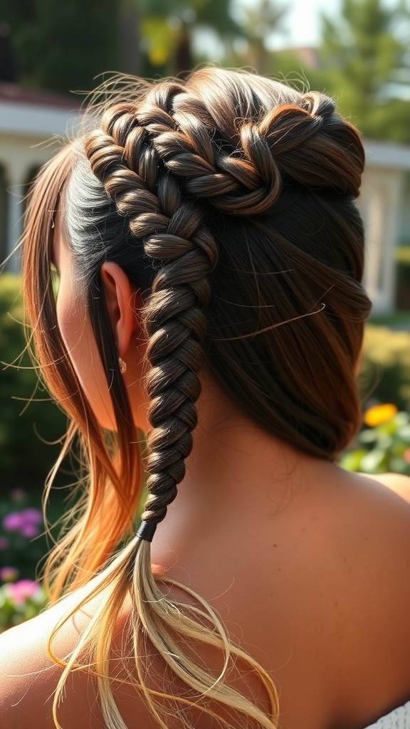 A woman with a half-up half-down hairstyle featuring beautifully styled braids