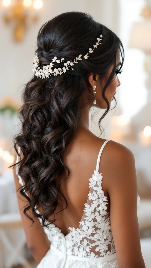 A woman with long, curly hair styled in a half-up half-down hairstyle, adorned with a delicate hairpiece, showcasing a beautiful backless wedding dress.