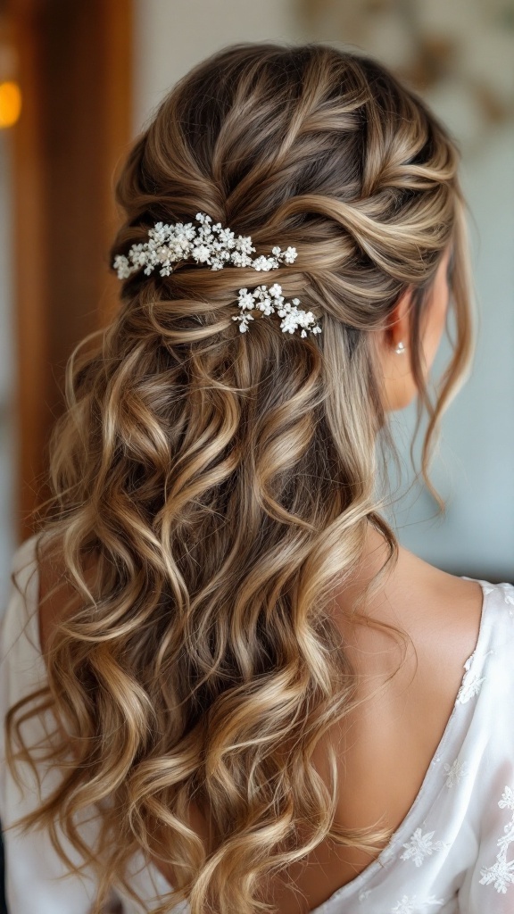 A beautiful half-up half-down hairstyle with curls and floral accents