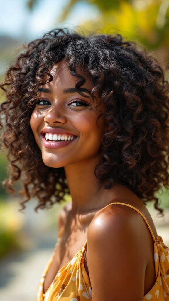 A woman with curly hair styled in a half-up, half-down hairstyle, smiling against a natural backdrop.