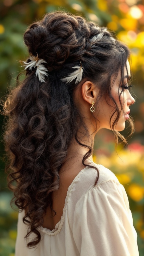 A woman with curly hair styled in a half-up, half-down hairstyle, adorned with feathers.