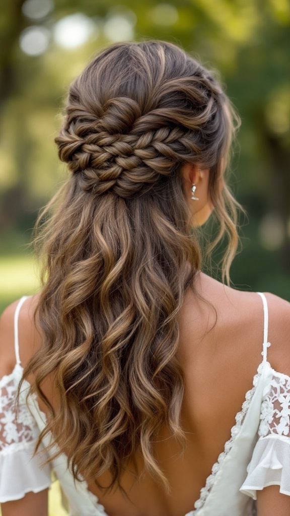 A half-up half-down hairstyle featuring a fishtail braid, showcasing elegant curls.