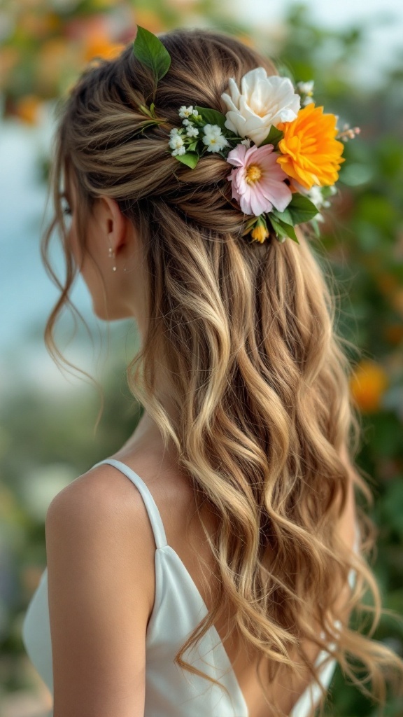 A woman with wavy hair styled in a half-up half-down look, adorned with a colorful flower crown.