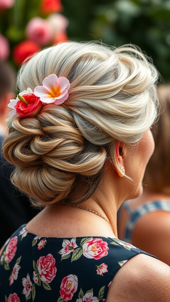 A woman with a half-up half-down hairstyle adorned with flowers, showcasing an elegant and relaxed look.