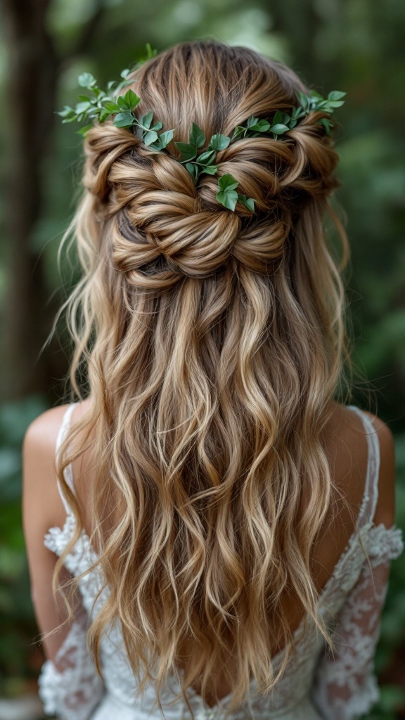 A half-up half-down wedding hairstyle featuring intricate twists and ivy accents.