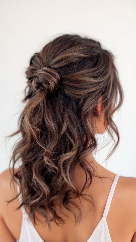 A woman with half-up, half-down wavy hairstyle, featuring a twisted bun on top.