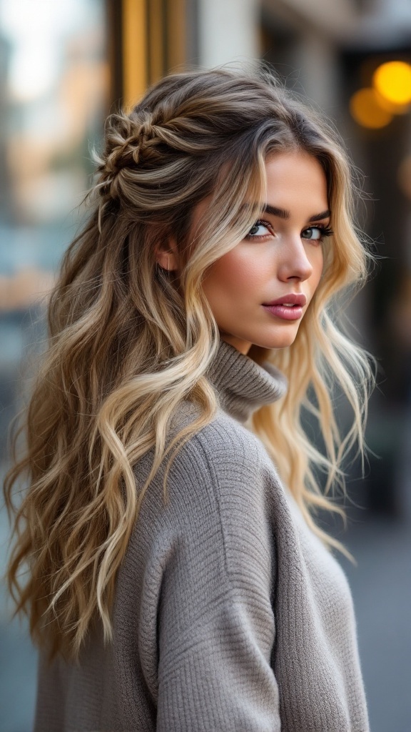 A woman with a half-up half-down hairstyle featuring waves, wearing a turtle neck sweater.