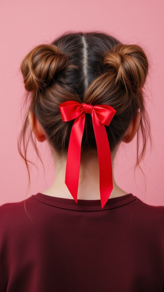 A girl with two heart-shaped buns in her hair, tied with a red ribbon.