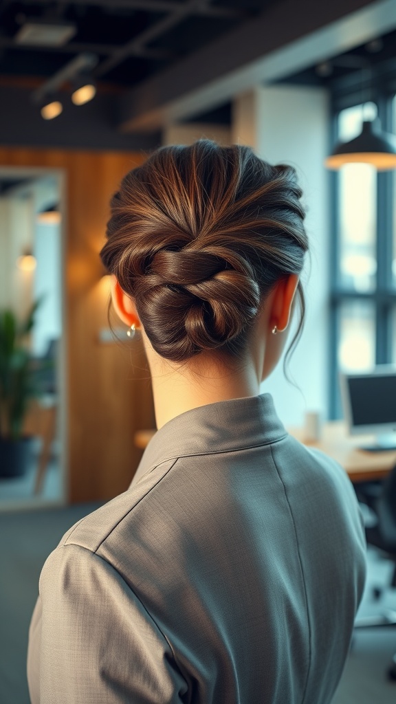 A woman with a half-up knot hairstyle, dressed in a professional gray blazer, standing in a modern office setting.