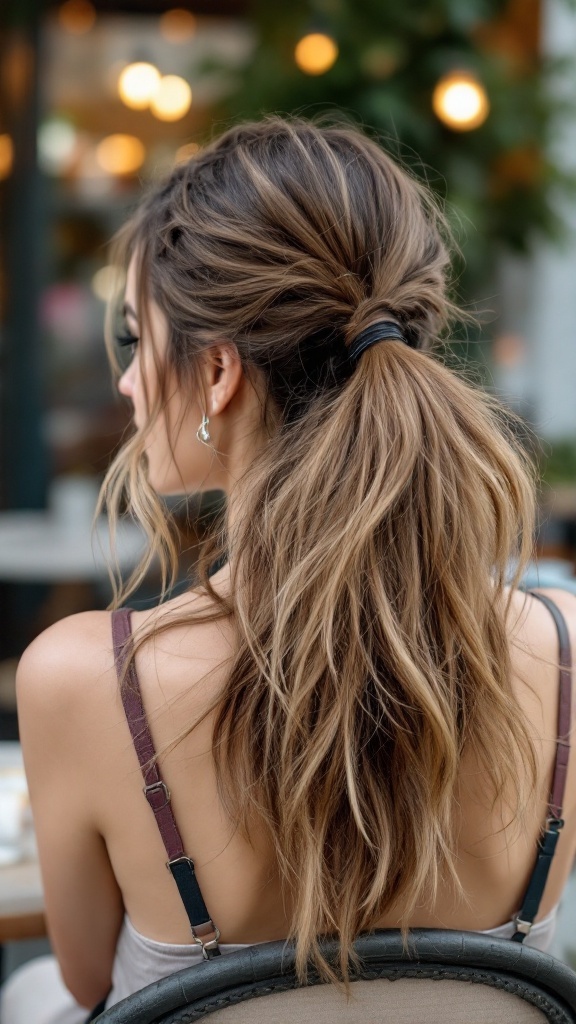 Half-up messy ponytail hairstyle showing relaxed style