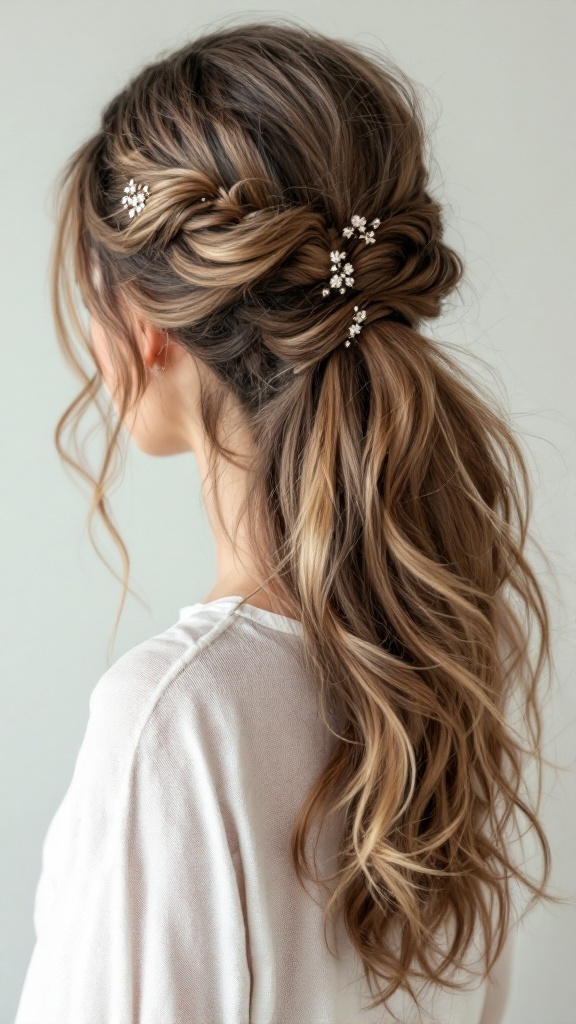 A stylish half-up ponytail hairstyle with soft waves and hair accessories.
