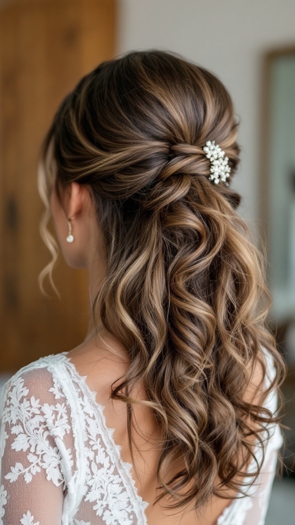 A bride's maid hairstyle featuring a half-up ponytail with loose curls and a decorative hairpiece