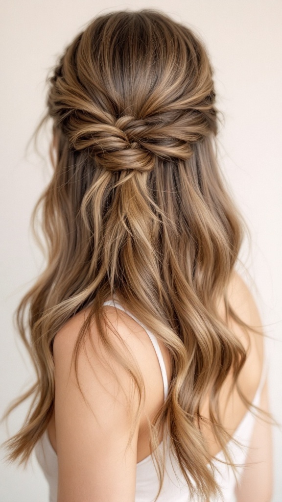 A woman with long layered medium-length hair styled in a half-up twisted hairstyle with soft waves.