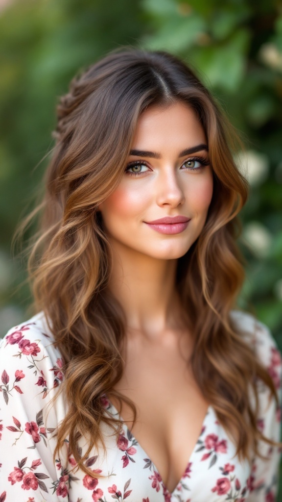 A woman with medium-length layered hair styled in a half-up hairstyle, showcasing soft waves and a natural look.