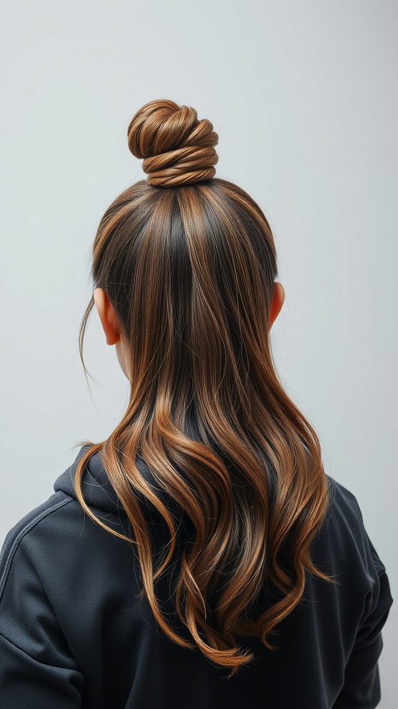 A woman with a half-up top knot hairstyle, wearing a hoodie, showcasing long, wavy hair