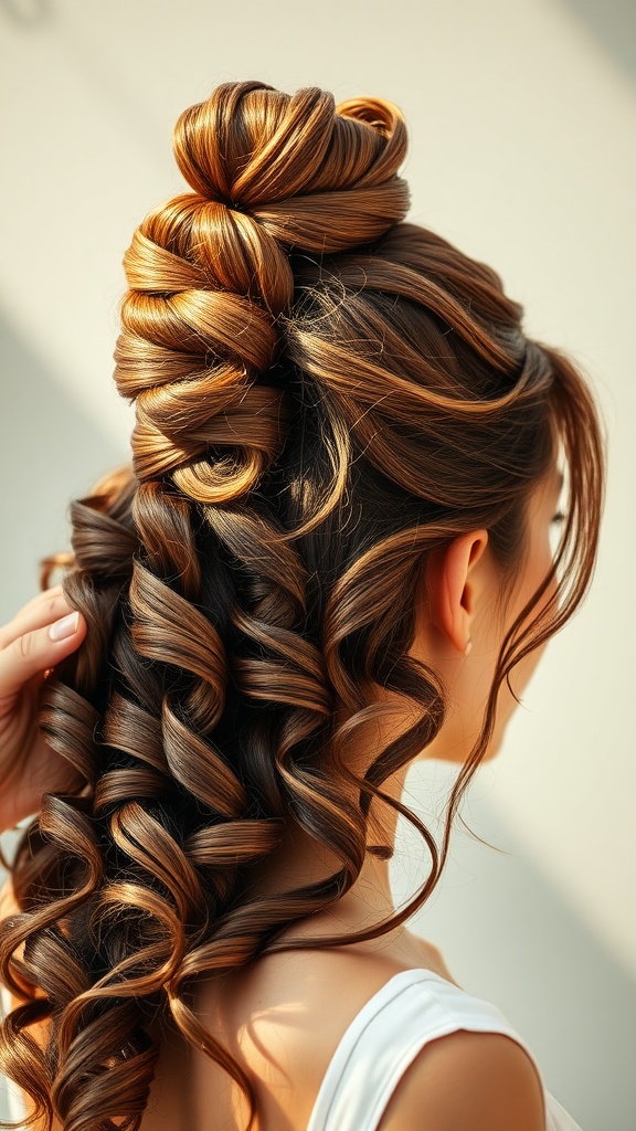 A beautiful half-up top knot hairstyle with loose curls, showcasing a glossy hair color