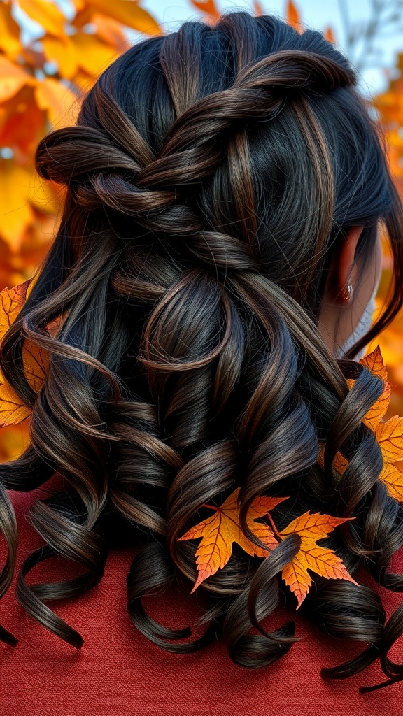 A woman with a half-up twist hairstyle, featuring dark, curly hair adorned with autumn leaves.