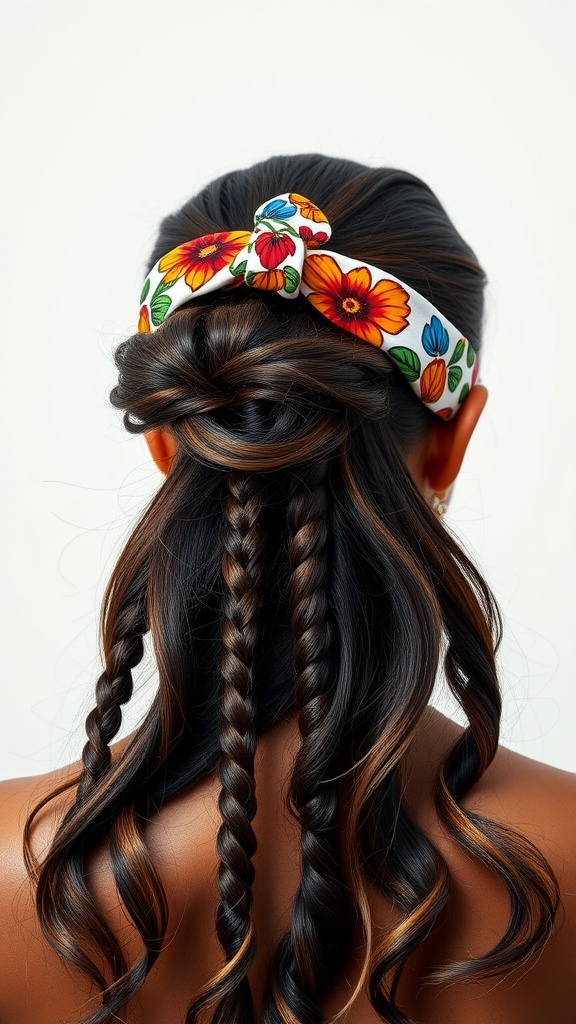 Half-up twist hairstyle with a colorful floral printed headband