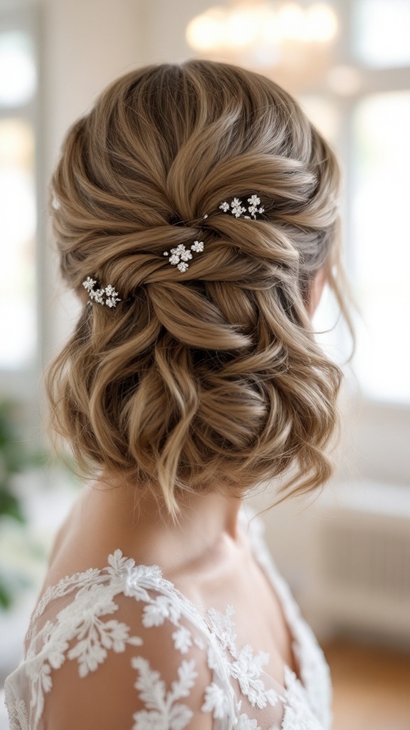 Half-up twisted bob hairstyle for bridesmaids with floral hairpins