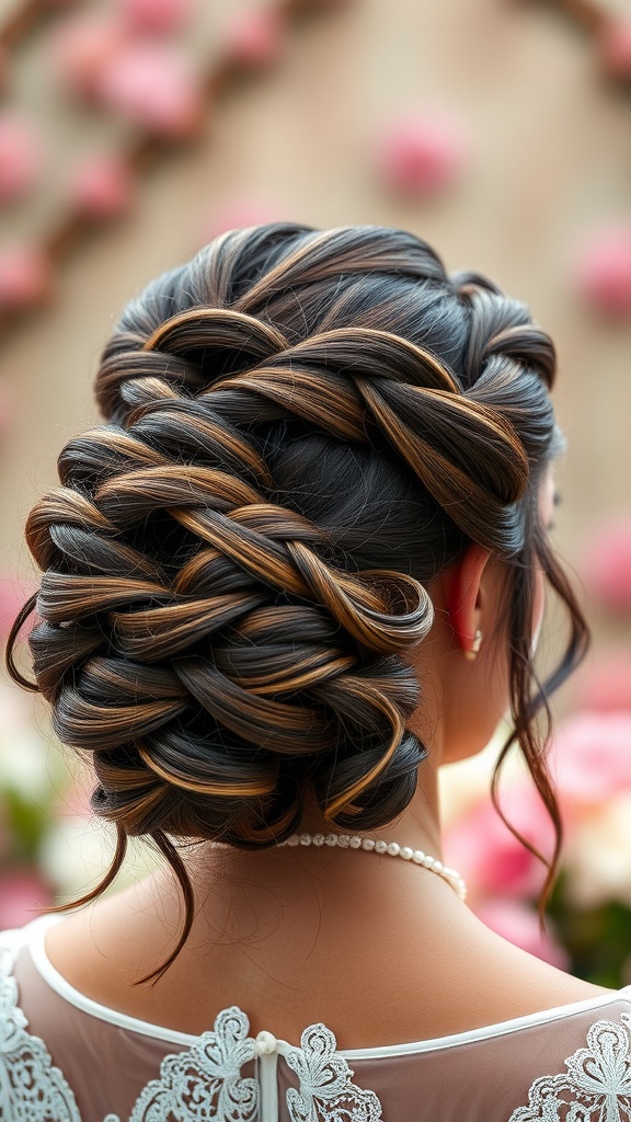A close-up of a half-up twisted crown hairstyle with intricate braids and soft curls.