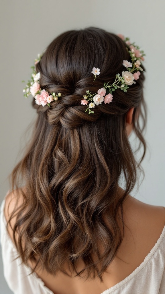 A woman with a half-up twisted crown hairstyle adorned with flowers, showcasing soft waves.