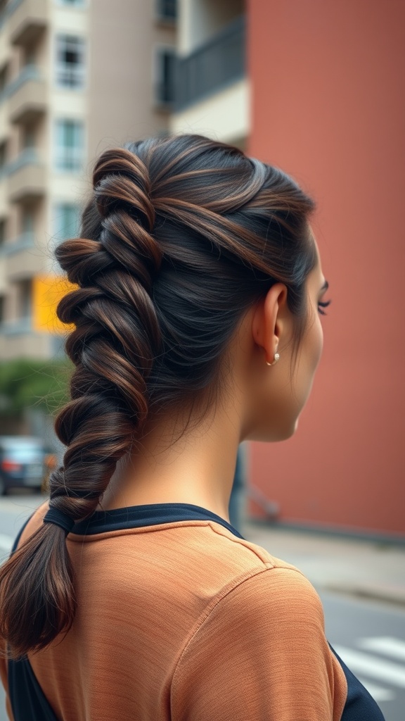 A woman showing a half-up twisted ponytail hairstyle from the back, emphasizing the twist and length of her hair.
