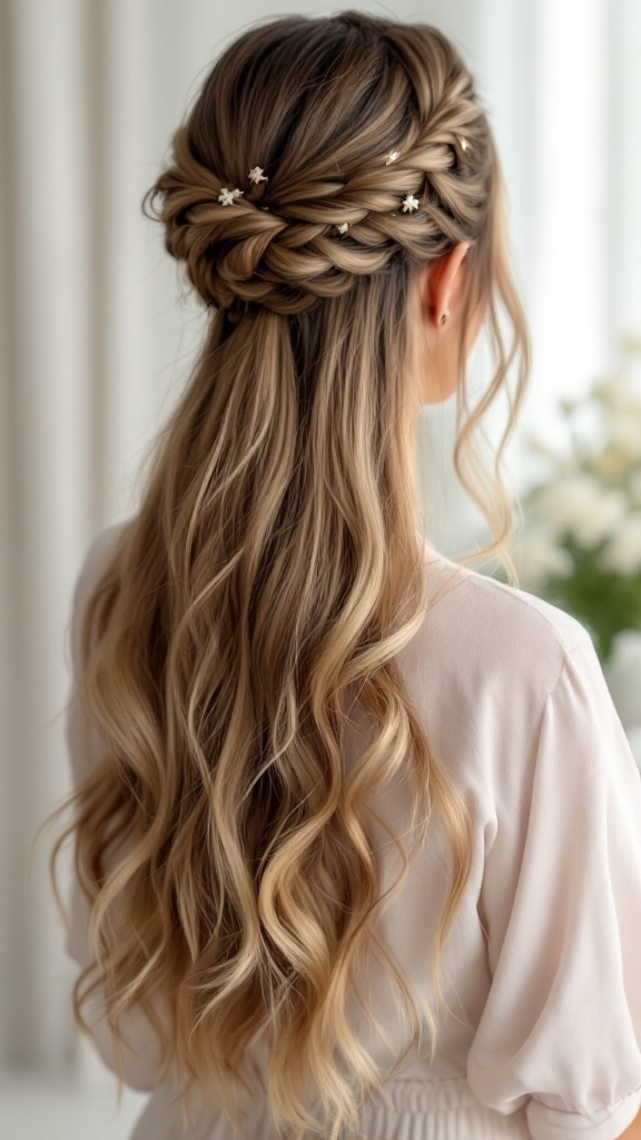 A woman with medium-length hair styled in a half-up twisted hairstyle, featuring soft waves and decorative hairpins.
