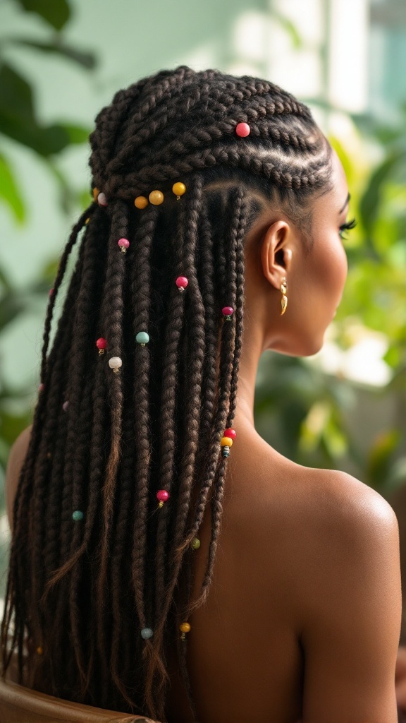 A woman with half-up twists adorned with colorful beads, showcasing a stylish natural hairstyle.