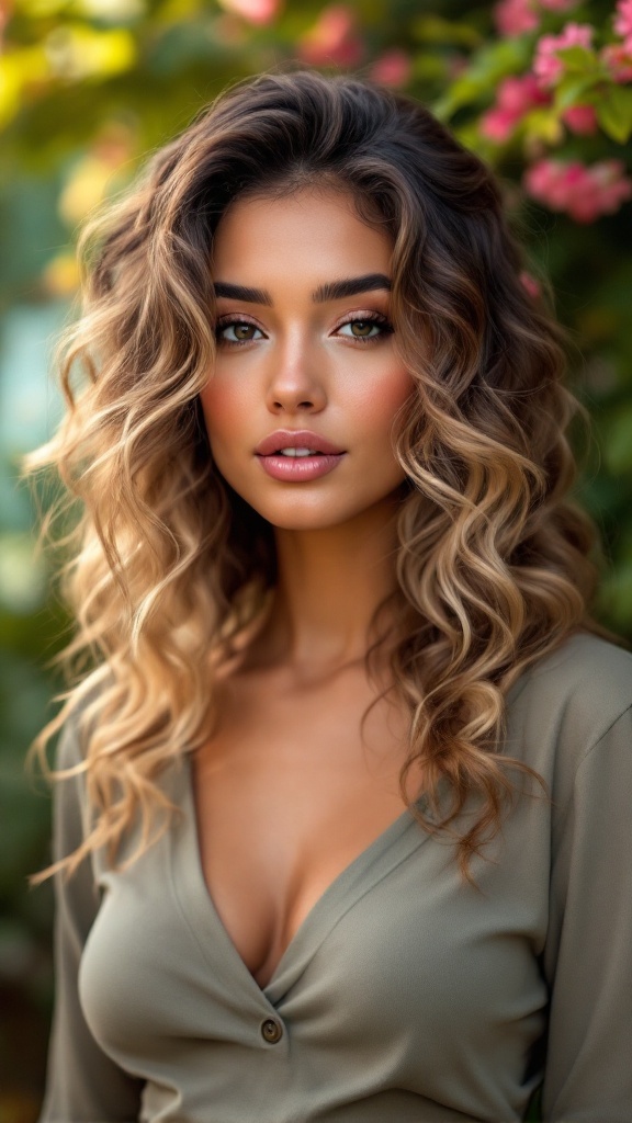 A woman with curly hair styled in a half-up hairstyle, wearing a V-neck top, surrounded by flowers.