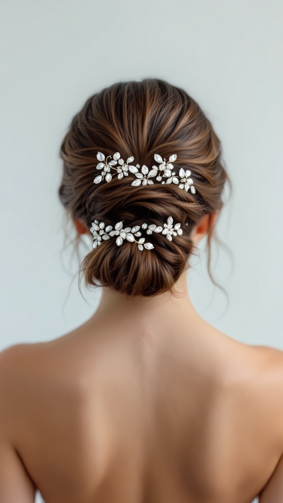 Half-up hairstyle with crystal accents for the mother of the bride.