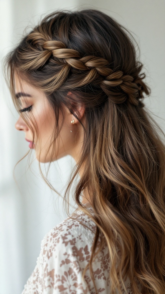 A woman with half-up hair featuring a textured braid, showcasing a romantic and elegant hairstyle.