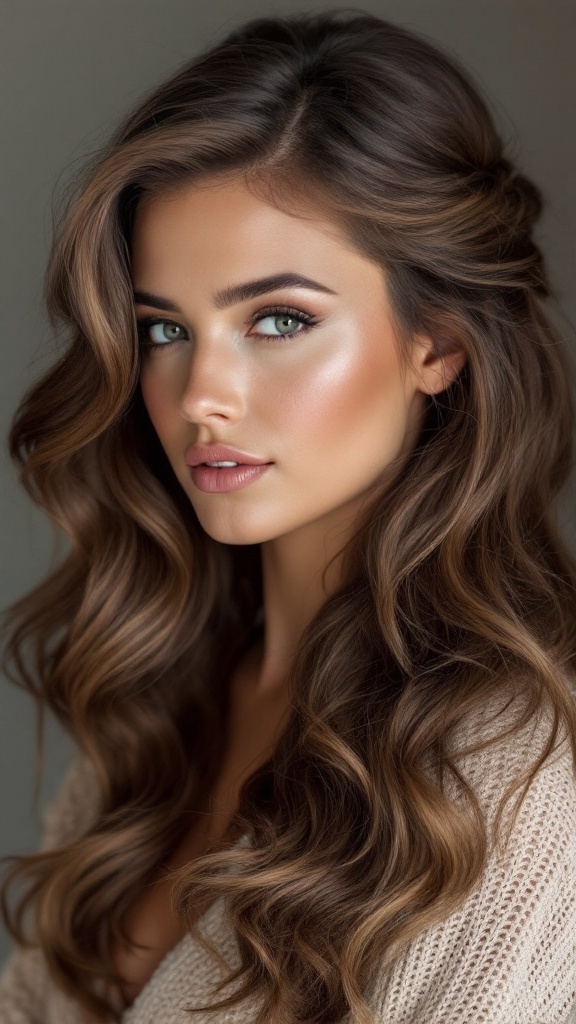 A woman with half-up hair styled with volume and soft waves.