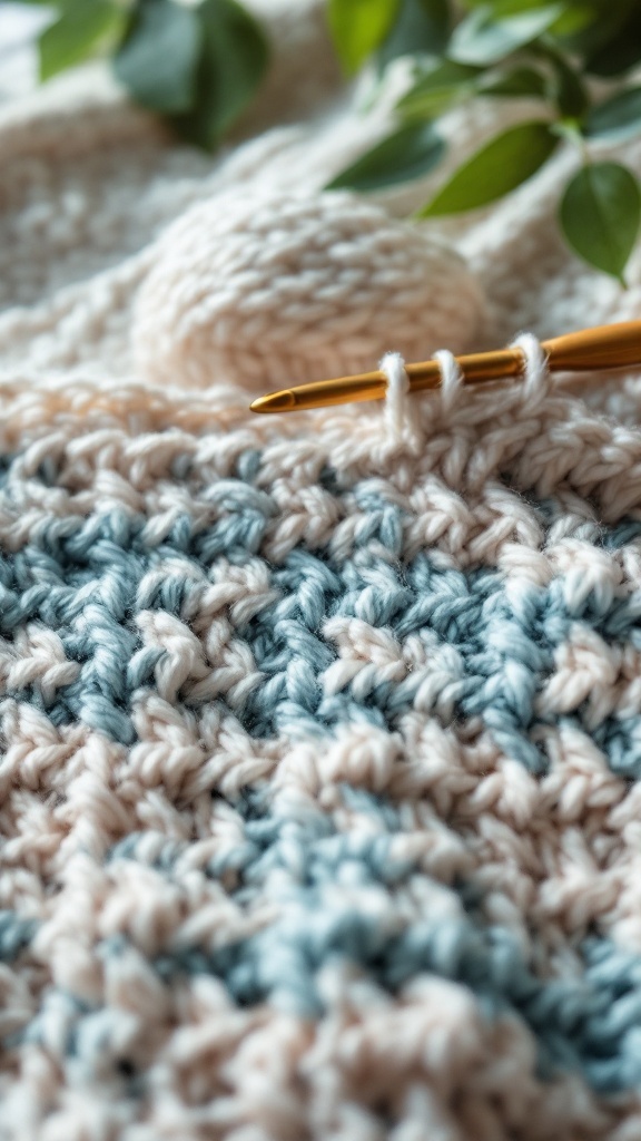 Close-up of a half double crochet stitch in soft pastel colors with a golden crochet hook.