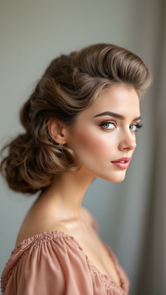 A side profile of a woman with a half up bouffant hairstyle, featuring voluminous hair at the top and soft waves below.