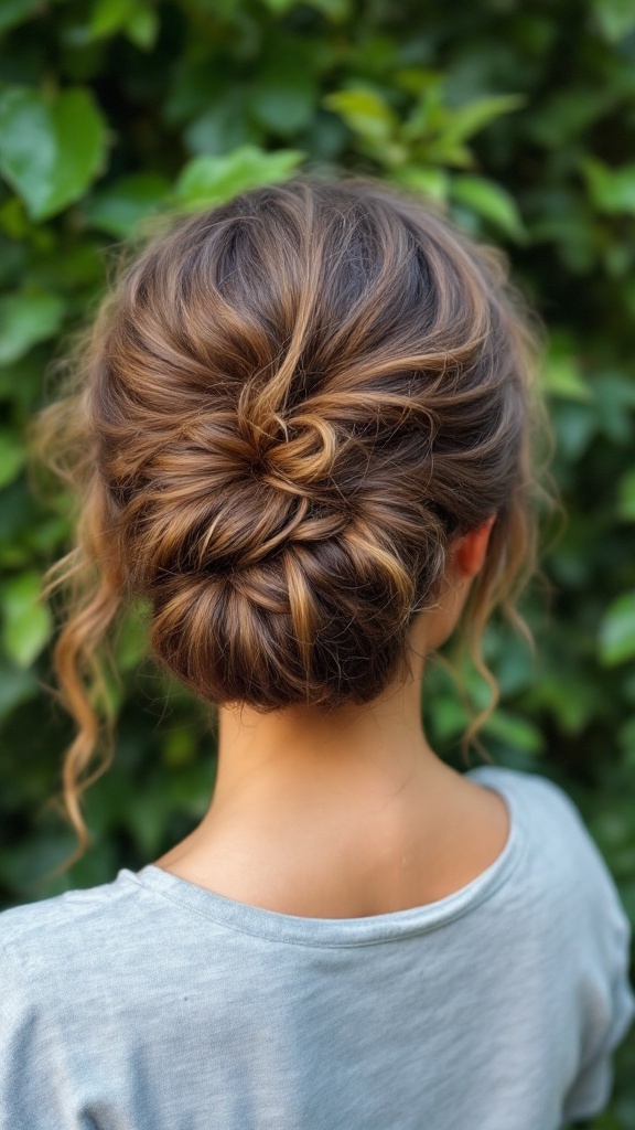 Model with curly hair styled in a half up bun
