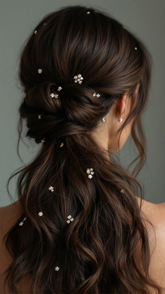 A woman with a half up chignon hairstyle adorned with floral hair accessories.