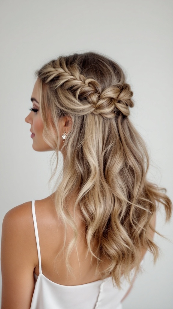 A model showcasing a half up fishtail braid hairstyle with cascading waves.