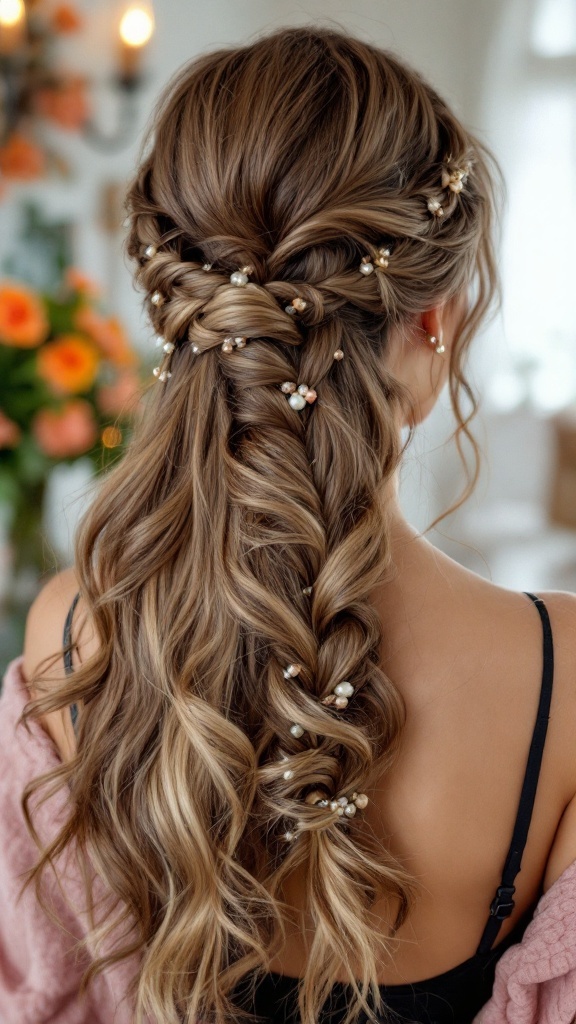 A bride's hairstyle featuring a half up half down braid adorned with beaded accents.