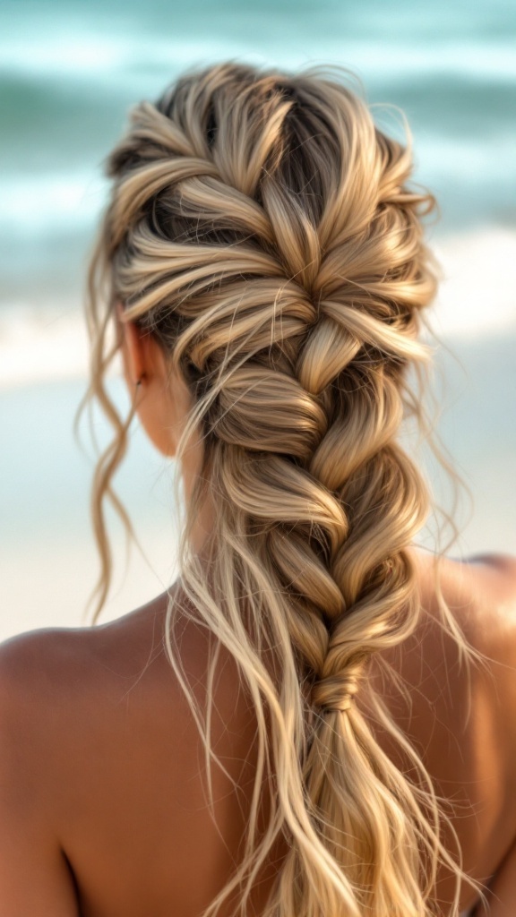 A half up half down braid with beautiful waves, showcasing a relaxed and elegant hairstyle.