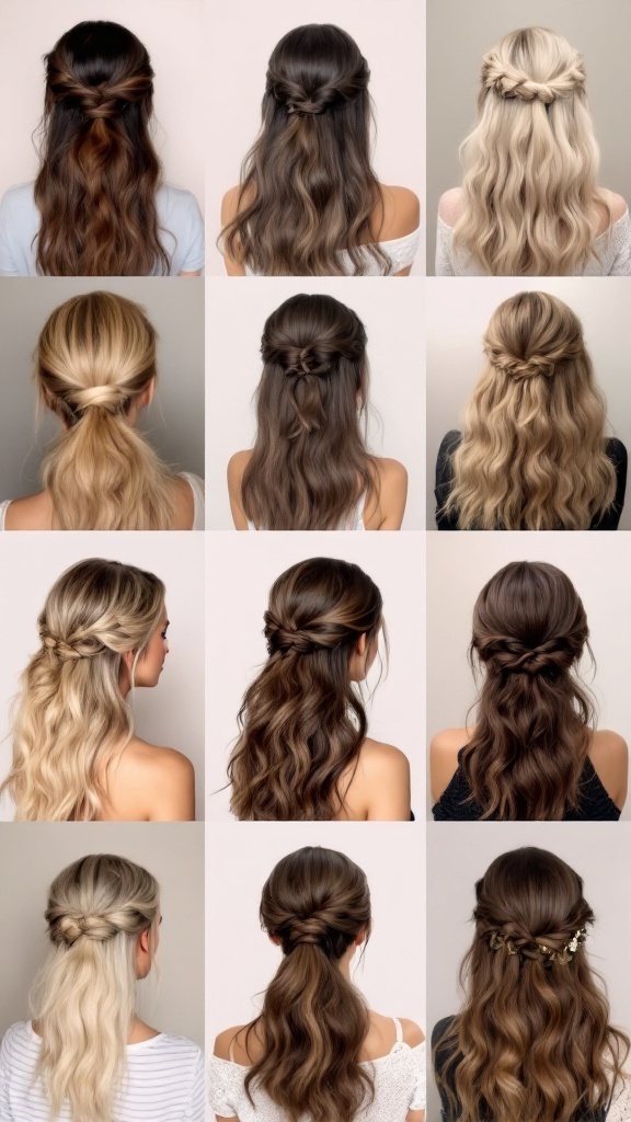 A collage of various half up half down hairstyles showcasing different hair types and textures.