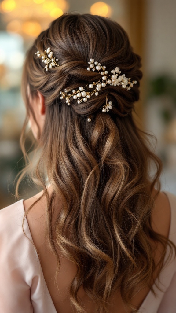 A beautiful half up half down hairstyle with elegant floral accessories.