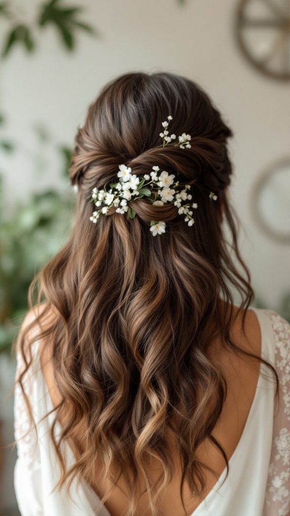 A sleek half up half down hairstyle with soft curls and small white flowers.