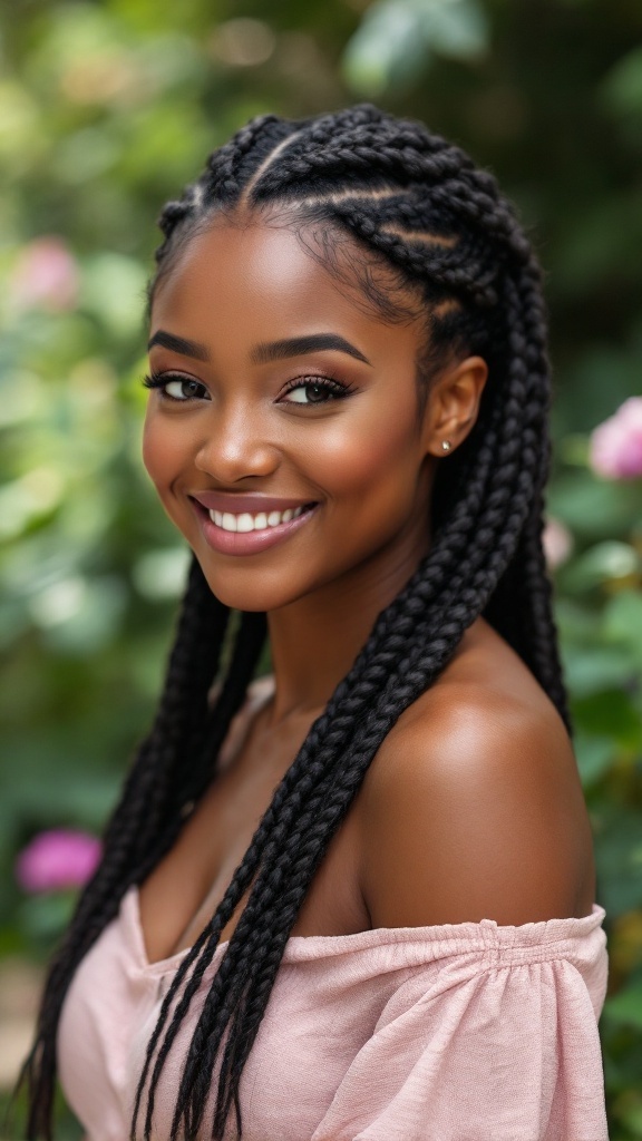 A woman smiling with medium knotless braids styled in a half up half down look.