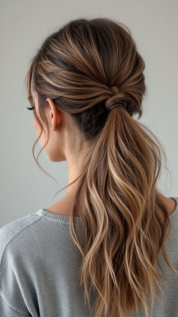 A woman with a half up half down ponytail, showcasing a casual and stylish hairstyle.